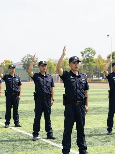 Professional environmental portrait of security instructors demonstrating safety protocols in a designated open-air field at the Sisga club.
