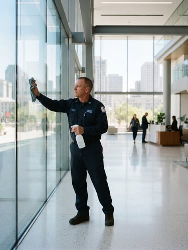Professional uniformed maintenance worker cleaning a modern corporate glass lobby, bright natural daylight, sharp focus, 35mm lens
