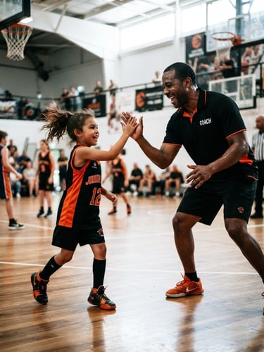 Dynamic low-angle action shot of a volunteer coach high-fiving a young basketball player on an indoor court, dramatic lighting, safety orange accents.