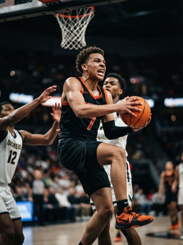 A close-up dynamic action shot of a young basketball player driving to the hoop, high contrast lighting, intense determination.