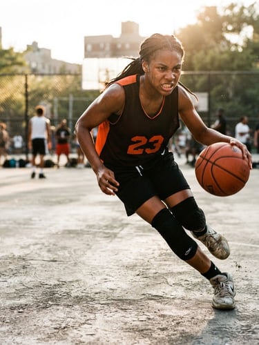 Low-angle dynamic shot of a young basketball player mid-dribble on an outdoor concrete court, dramatic sunlight highlighting determined facial expression, high-contrast athletic photography, 35mm.
