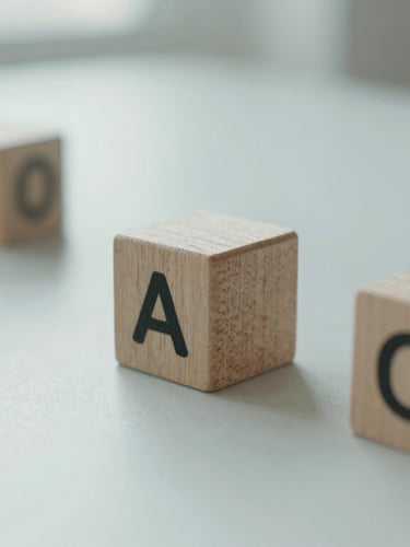 Close-up of wooden cognitive testing blocks on a clean table, soft natural light, shallow depth of field