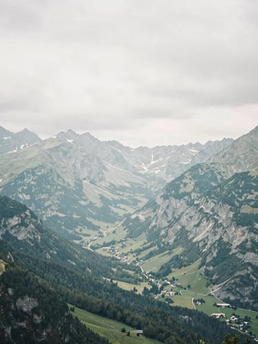 Soft editorial photography of the peaceful Grésivaudan valley mountains under a soft overcast sky, muted sage and slate tones, shallow depth of field, 35mm