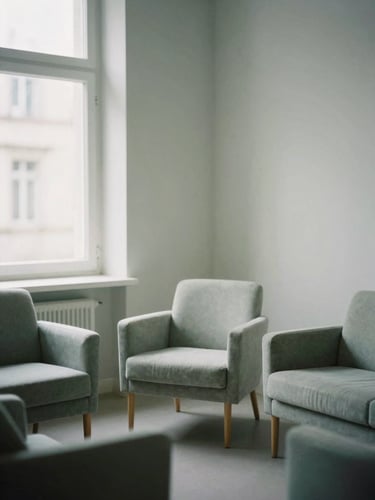 Soft editorial photography of a quiet sunlit consulting room in Grenoble, muted sage and slate tones, shallow depth of field, 35mm