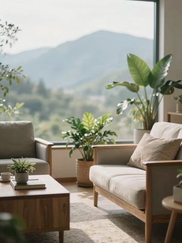 A quiet, sunlit consulting room with soft green plants, wooden furniture, and warm neutral textiles under diffused mountain daylight