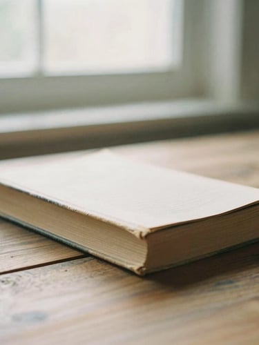 Soft warm editorial photograph of a worn hardcover book resting on a rustic wooden table under soft morning window light, shallow depth of field, 35mm film grain.