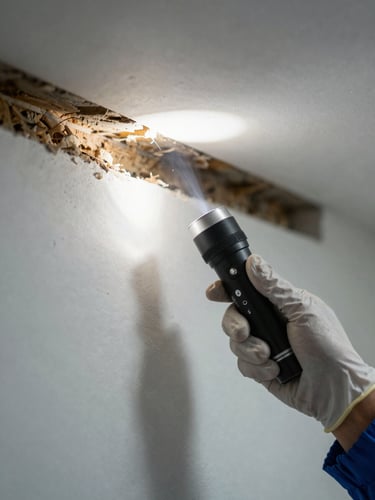 Close-up of technician gloved hands holding inspection flashlight aimed at wall cavity, bright beam illuminating dust and debris inside gap, raw natural daylight from side, clinical documentary framing, no face visible