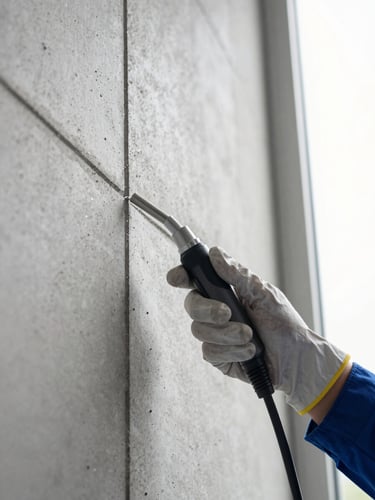 Overhead documentation shot of a technician's gloved hand pressing a treatment applicator nozzle into a gap in a concrete wall, bright natural daylight flooding from a side window, droplet visible mid-application, clinical and precise framing, no faces visible