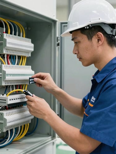 Medium-close action shot of a site-certified engineer in a clean branded uniform inspecting a newly routed electrical DB panel, bright natural daylight, technical precision.