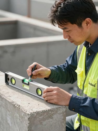 Close-up of a professional technician in a clean branded safety vest inspecting a concrete foundation with a digital level, bright natural daylight