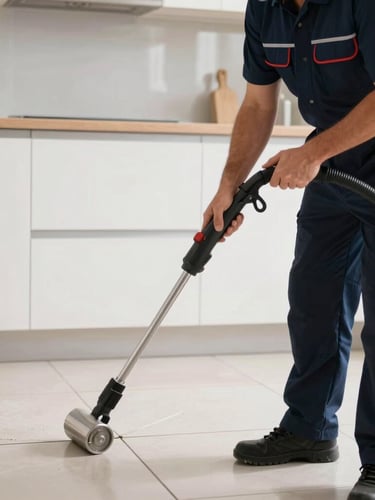 Medium-close action shot of a professional technician in a clean, branded navy uniform using a high-pressure steam cleaner on kitchen tile joints, bright natural daylight, precise focus.