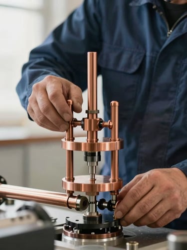Close-up of a professional technician in a dark blue uniform using a copper pipe press tool on a clean manifold system, bright natural daylight, high-precision alignment.