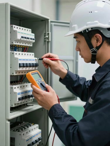 A technician in a clean dark uniform with a safety helmet systematically testing a circuit breaker panel using a digital multimeter, bright natural daylight