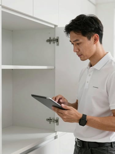 A technical site supervisor in a clean branded Conceptality polo holding a digital tablet, inspecting a newly installed modular kitchen cabinet alignment, bright natural light.