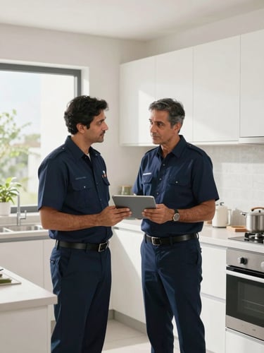 Wide structural shot of a supervisor in a clean, branded navy uniform inspecting a modern Bengaluru apartment kitchen, holding a digital tablet, bright natural daylight, clean lines.