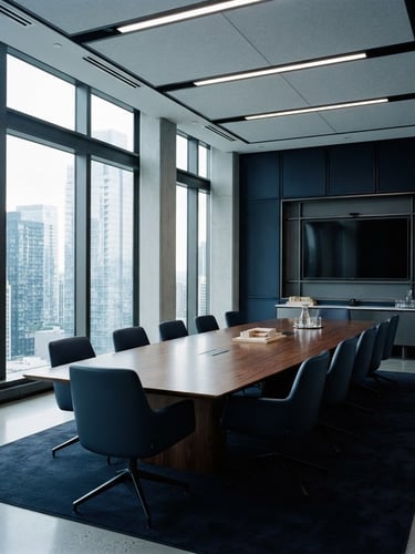 Crisp corporate photography, cool daylight, modern high-end empty boardroom with glass reflections, deep navy tones, architectural lines, 35mm