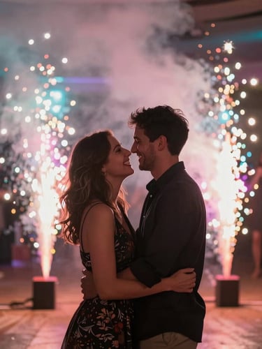 Intimate candid photo of a couple reacting with joy as cold pyrotechnics illuminate the dance floor, warm dramatic event lighting with vibrant pink and deep turquoise ambient glows, shallow depth of field, 35mm editorial style