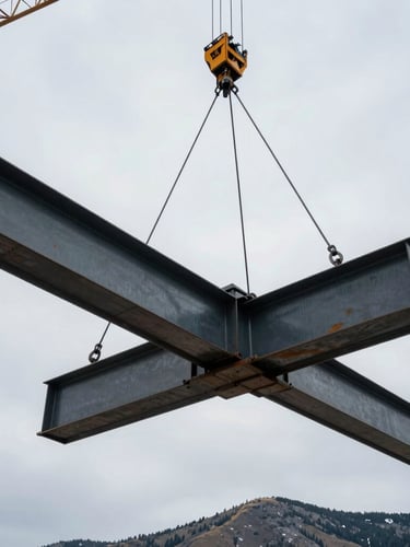 Low-angle shot of massive structural steel beams being hoisted by a crane against a cold, overcast Wyoming mountain sky, raw iron textures.