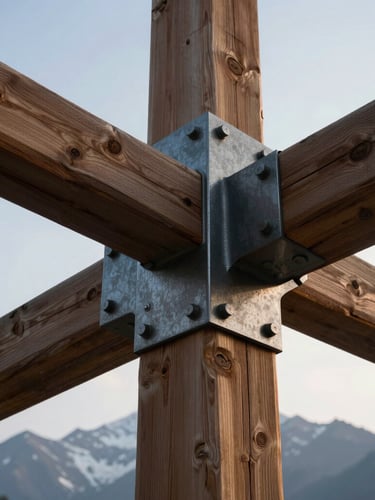 Low-angle shot of a massive heavy-timber and steel structural joint, raw iron bolts visible, set against cold morning mountain light.