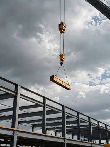 Low-angle hero shot of structural steel framing being hoisted by a crane against a dramatic, overcast Wyoming sky, high-contrast, hard directional sunlight.