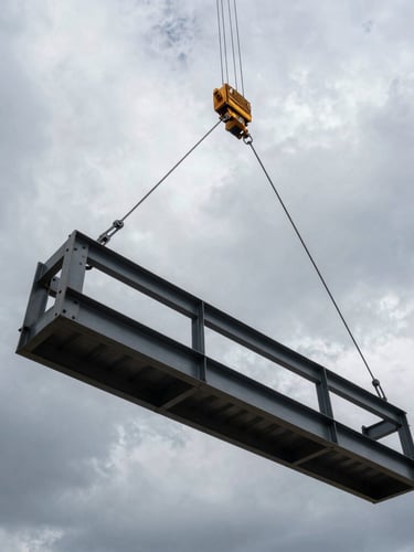 Low-angle shot looking up at a massive structural steel frame being hoisted by a crane under a dramatic, overcast Wyoming sky, raw iron beams, heavy bolts.