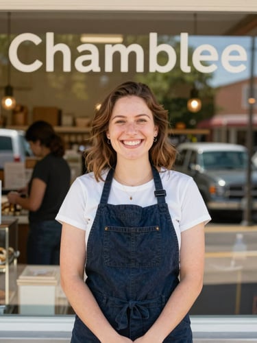 Vibrant editorial portrait of a smiling local bakery owner in her Chamblee storefront, warm natural daylight, active community streetscape visible through window, 35mm lens