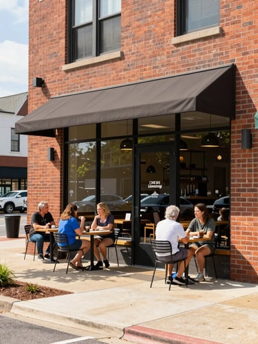 Bright natural daylight, a modern Chamblee streetscape with local business owners chatting outside a brick-front cafe, candid, warm inviting tones.