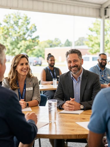 Bright editorial photograph of local Chamblee business leaders talking warmly under daylight at a civic forum, warm inviting tones, 35mm lens.
