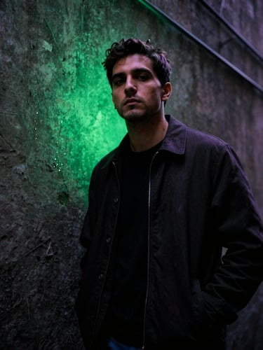 Low-angle gritty street portrait of SergioMdrz in a dark concrete alley, glowing neon green gel backlighting, motion blur, 35mm photography