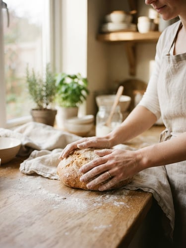 Hands preparing warm bread in a sunlit kitchen, soft natural window light, gentle earth tones, 35mm film