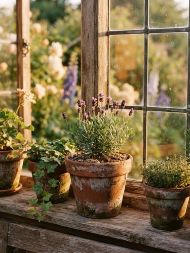 A close-up of a sun-drenched cottage garden window, terracotta pots with natural patina on the sill, soft golden-hour light, shallow depth of field, 35mm film