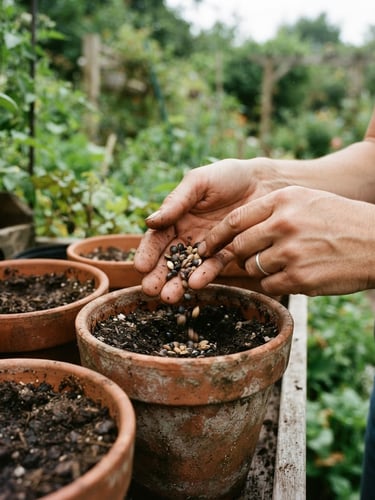 Tactile close-up of hands holding heirloom seeds over terracotta pots, soft overcast outdoor daylight, shallow depth of field, 35mm film.