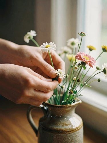 Intimate close-up of hands arranging fresh-cut cottage flowers in a rustic ceramic pitcher, warm window light, shallow depth of field, 35mm film