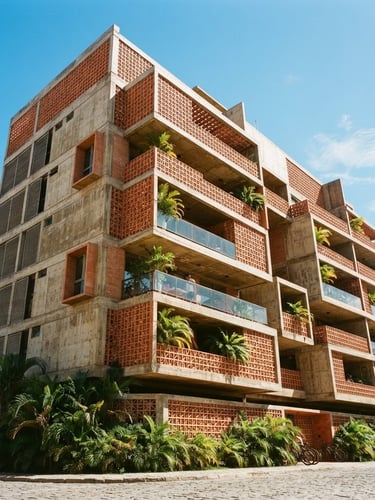 Low-angle architectural shot of a modern concrete and terracotta residential building under bright Paraíba sunlight, sharp geometric lines, warm 35mm photography