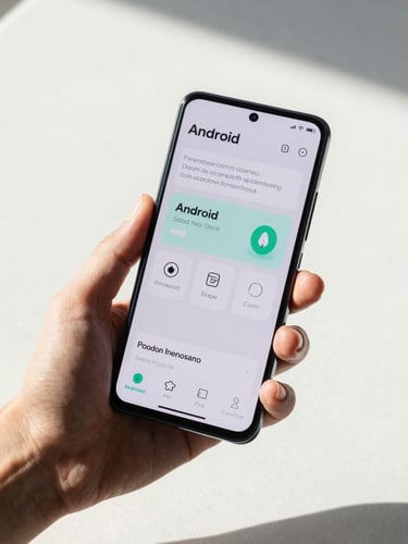 Crisp product photography of a hand holding a modern Android phone showing a clean user interface, bright natural daylight, slate background, 50mm lens