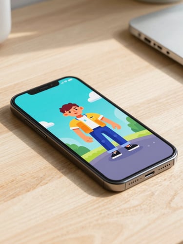 A modern Android phone displaying a vibrant, stylized casual game character, resting on a bright wooden workspace, soft studio shadows.