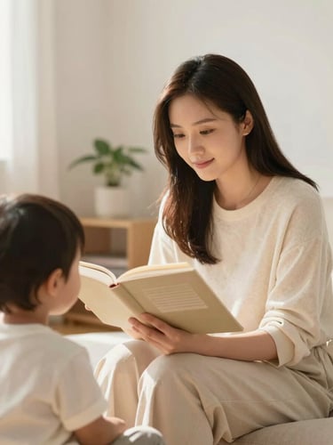 Warm editorial photography of a young educator reading a book to a toddler in a sunlit room, soft natural daylight, gentle pastel and cream tones, shallow depth of field, 35mm