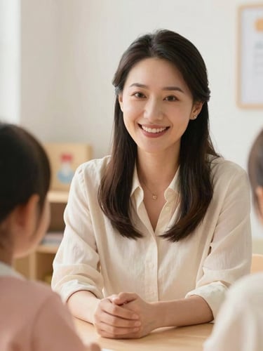 A warm, high-end editorial portrait of a professional female educator in early childhood education, smiling warmly at a child off-camera, soft natural daylight, gentle cream and terracotta tones, shallow depth of field, 35mm.