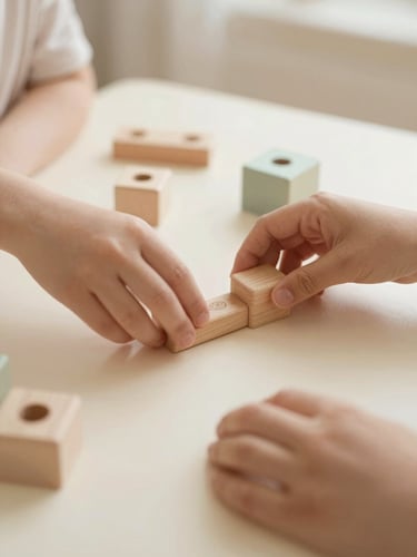 A close-up of hands arranging wooden educational toys on a clean, light-colored table, soft natural daylight, warm sand and pastel tones, shallow depth of field.