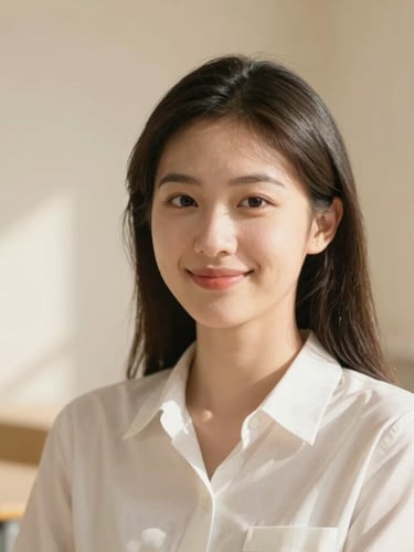 Portrait of a warm, professional young female educator smiling gently, natural morning light, soft cream and sand background, shallow depth of field, 35mm photography