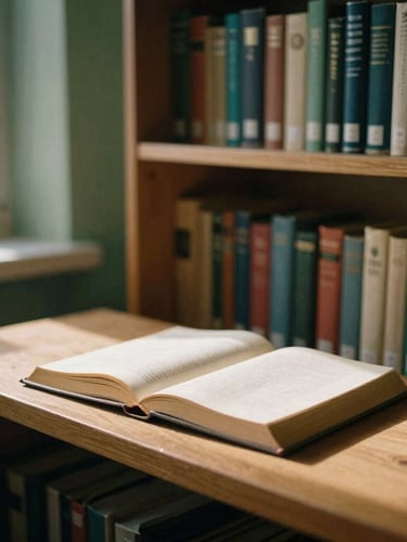 Warm low-key photography of a quiet library room in Bucharest, soft window light casting long shadows on natural wood bookshelves and an open old book, 35mm film style.