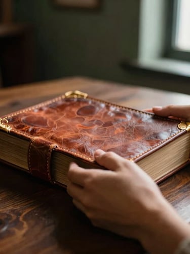 Close-up of hands holding an ancient leather-bound book over a dark wooden table, warm low-key indoor lighting, soft terracotta and gold accents, shallow depth of field