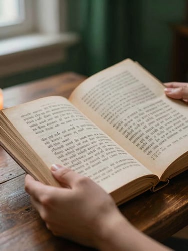 Close-up of hands holding an ancient open book with Sanskrit and Romanian notes, resting on a dark wooden table, warm low-key candle light, organic textures