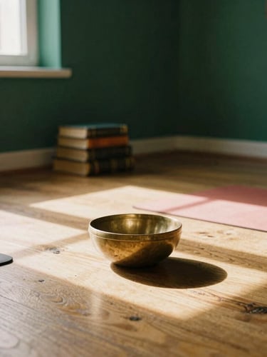 Quiet indoor view of a traditional yoga shala in Bucharest, warm natural window light casting soft shadows on oak floorboards, antique books and a single brass bowl in the background, 35mm film style