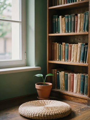 Warm editorial photography of a quiet, sunlit corner inside the Bucharest spiritual center. Soft window light illuminates aged wooden bookshelves filled with old volumes, a small terracotta pot with a green leaf, and a woven meditation cushion on the floor. Shallow depth of field, organic textures, 35mm film style.
