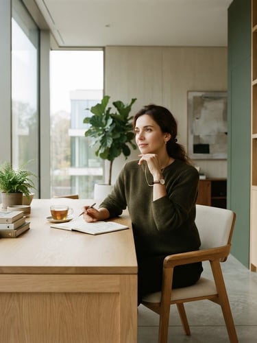 A wide, composed shot of Dr. Elena Rostova, mid-30s, seated thoughtfully at a minimalist desk in a light-filled, architecturally serene office. Soft indirect daylight illuminates the scene, highlighting natural wood textures and subtle forest green accents. She is looking slightly off-camera, conveying intellectual presence and calm, with generous negative space around her to the right.