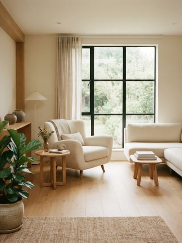 Wide shot of a minimalist, light-filled therapy office with a comfortable armchair, soft green plant in the foreground, and natural wood accents. Indirect daylight through a large window, soft shadows.