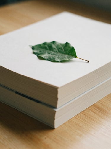 Close-up of a stack of academic journals on a natural wood desk, with a single green leaf resting on the top journal. Soft, indirect light from above, creating gentle shadows.
