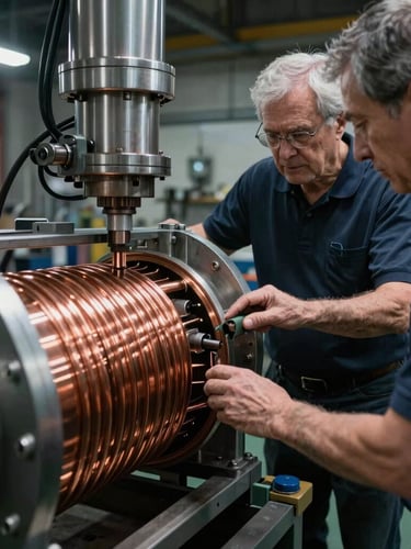 Close-up of a senior engineer guiding an apprentice on a massive copper transformer winding process, dramatic high-contrast workshop lighting, cool steel tones.