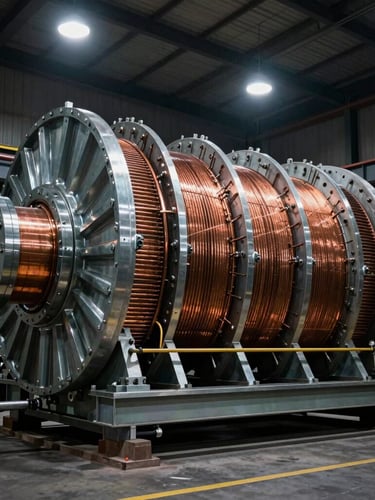 Dramatic high-contrast industrial workshop lighting, wide environmental shot of a massive high-voltage transformer core winding, copper and steel, 35mm lens